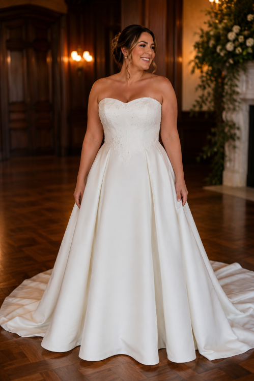 Timeless Satin Wedding Dress with Sweetheart Neckline and Floral Lace