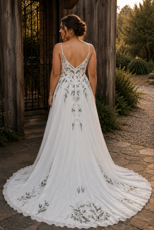 Botanical A-Line Wedding Dress with Green Floral Embroidery and Spaghetti Straps