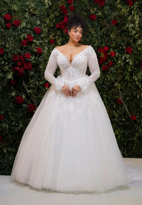 Plus Size Long Sleeve A-Line Wedding Dress with Floral Lace and Illusion Sleeves