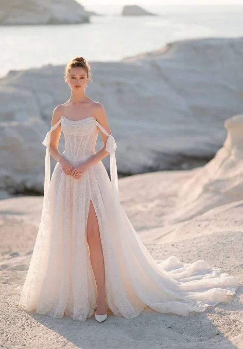 Elegant Chantilly Lace A-Line Wedding Dress with Corset Bodice and Slit