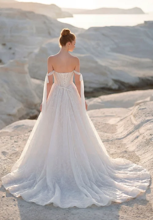 Elegant Chantilly Lace A-Line Wedding Dress with Corset Bodice and Slit